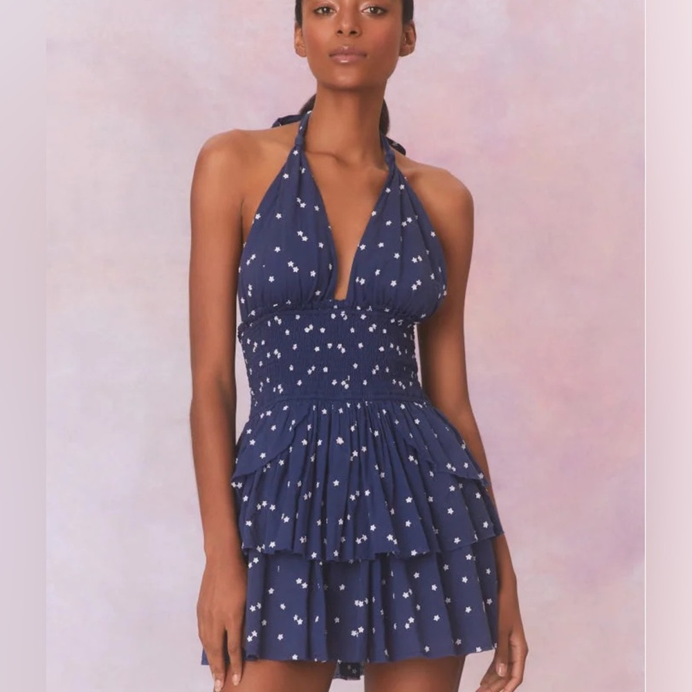 LoveShackFancy Deanna Star Print Organic Cotton Halter Minidress XS